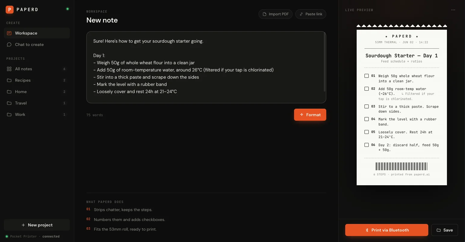 The Paperd web app: paste instructions, format into a checklist, and print via Bluetooth
