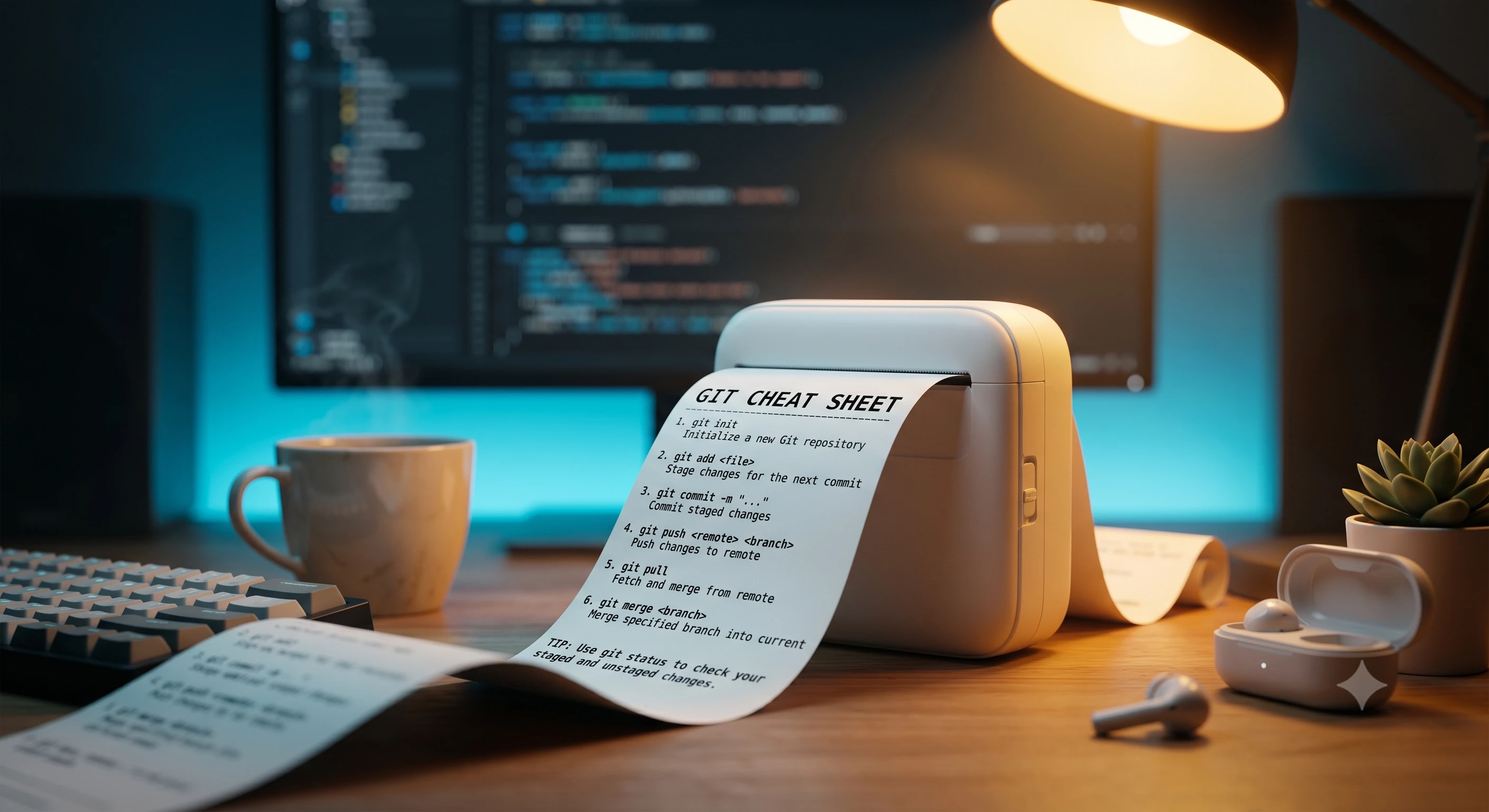 Git cheatsheet printed at the developer desk