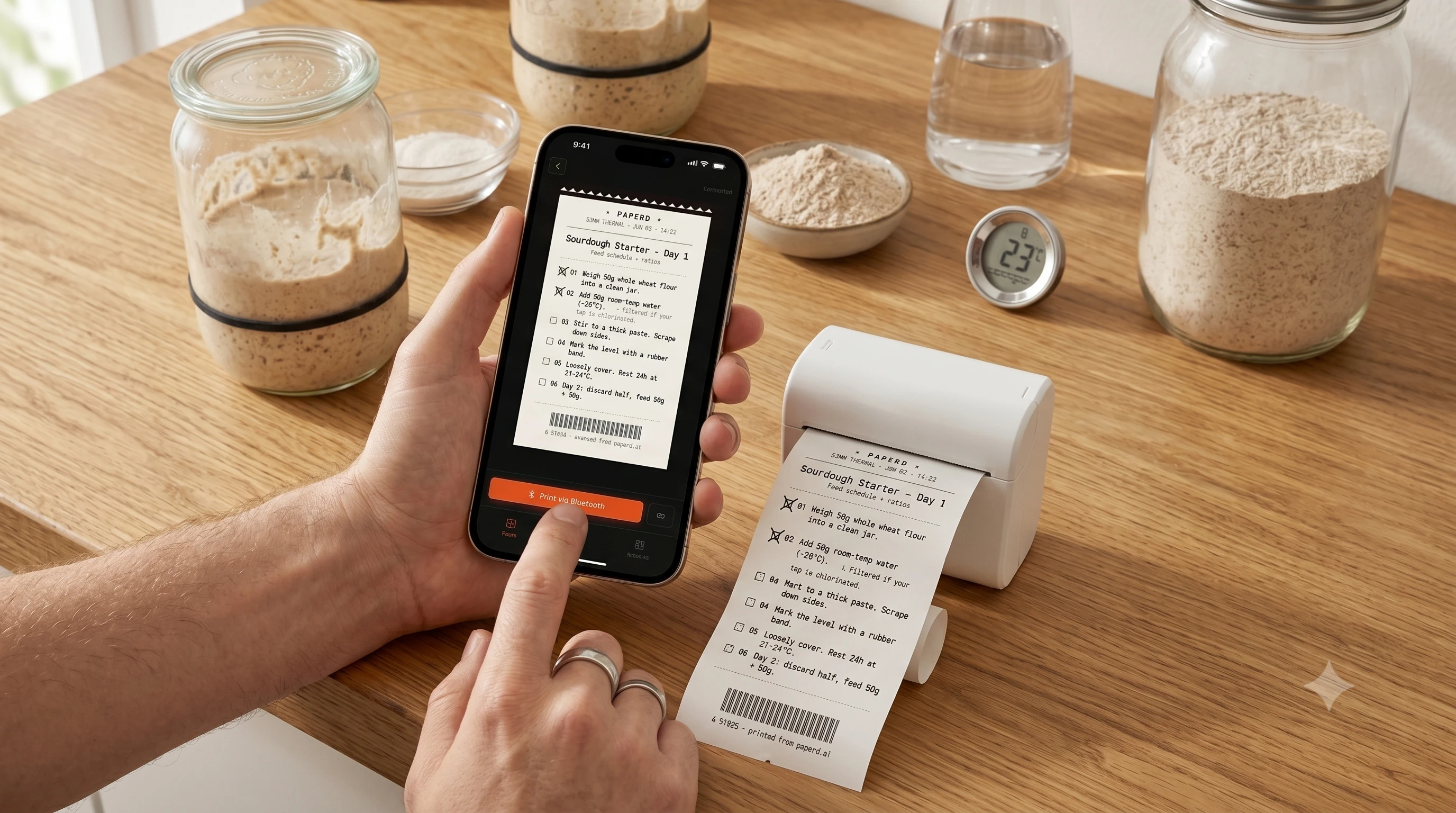 Printing a pasta recipe in the kitchen with Paperd
