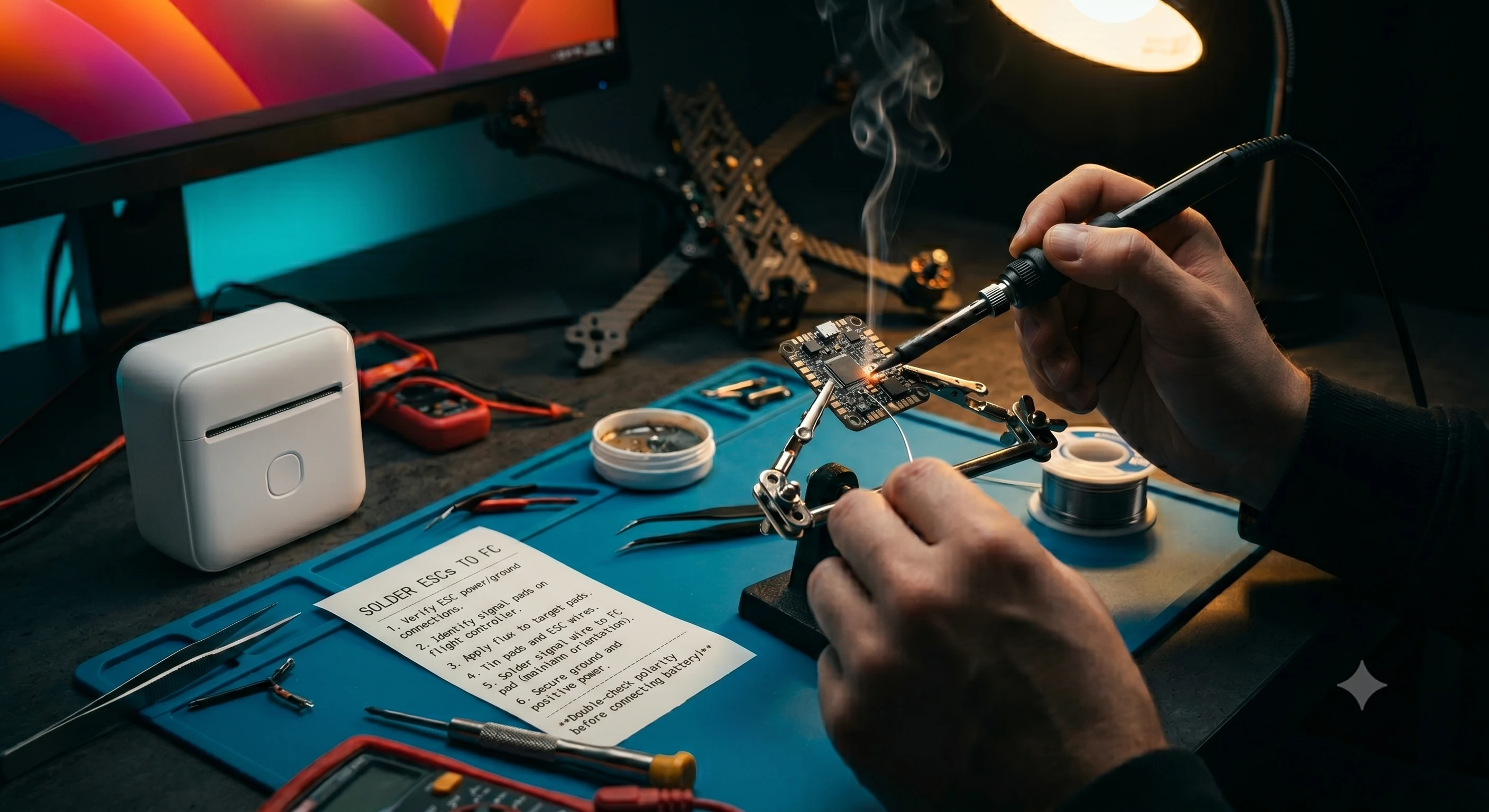 Soldering instructions printed at the workbench